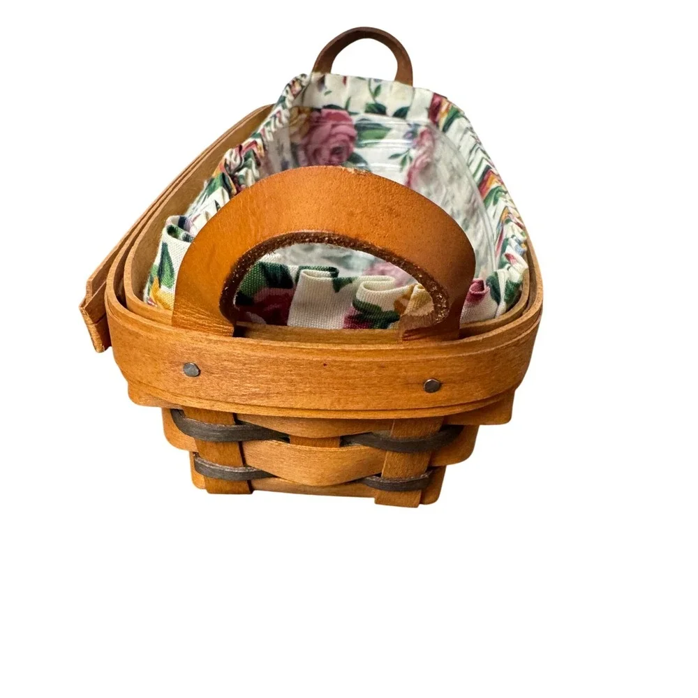 Longaberger 1994 Cracker Basket Floral Liner Plastic Protector Leather Handle